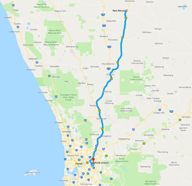 Route map: New Norcia to Perth Airport