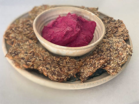 Roast beetroot dip with five seed crackers